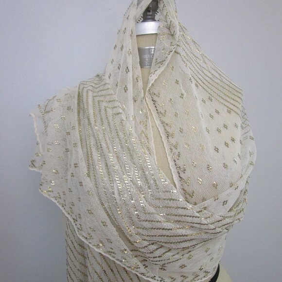 Art Deco 1920s Egyptian Assuit Scarf Wrap Shawl Hammered Gold Ivory Mesh - Picture 1 of 13